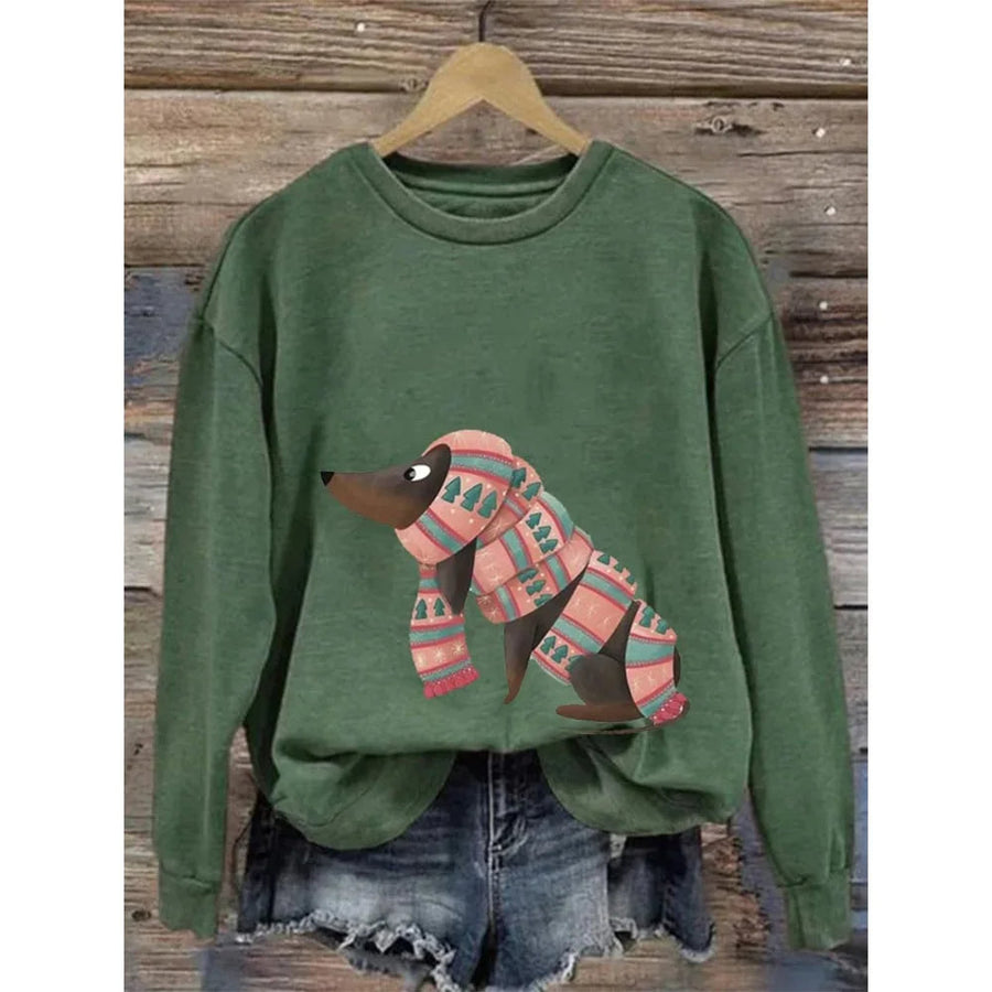Damen-Sweatshirt mit Rundhalsausschnitt und fantasievollem Hundeaufdruck