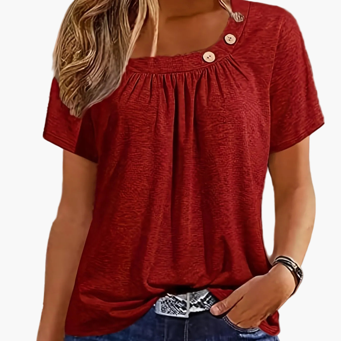 T-shirt femme col asymétrique à boutons style décontracté chic pour loisirs ou sorties