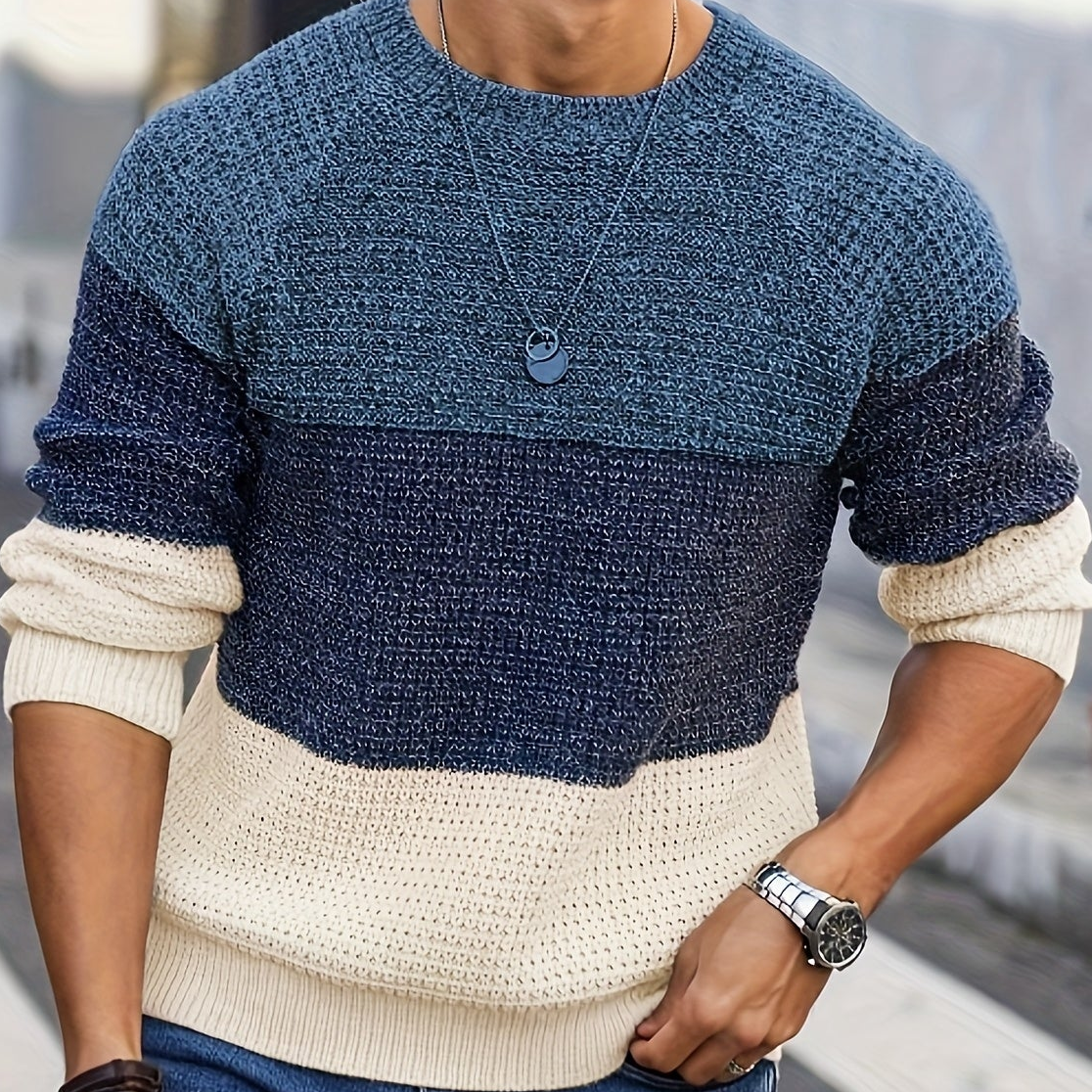 Pull Homme Col Rond Maille Texturée Tricolore Beige Marron Noir