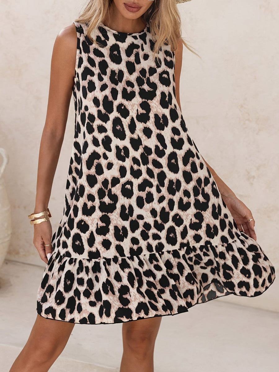 Robe d'été femme style décontracté à imprimé léopard, sans manches, idéale pour la plage ou les sorties