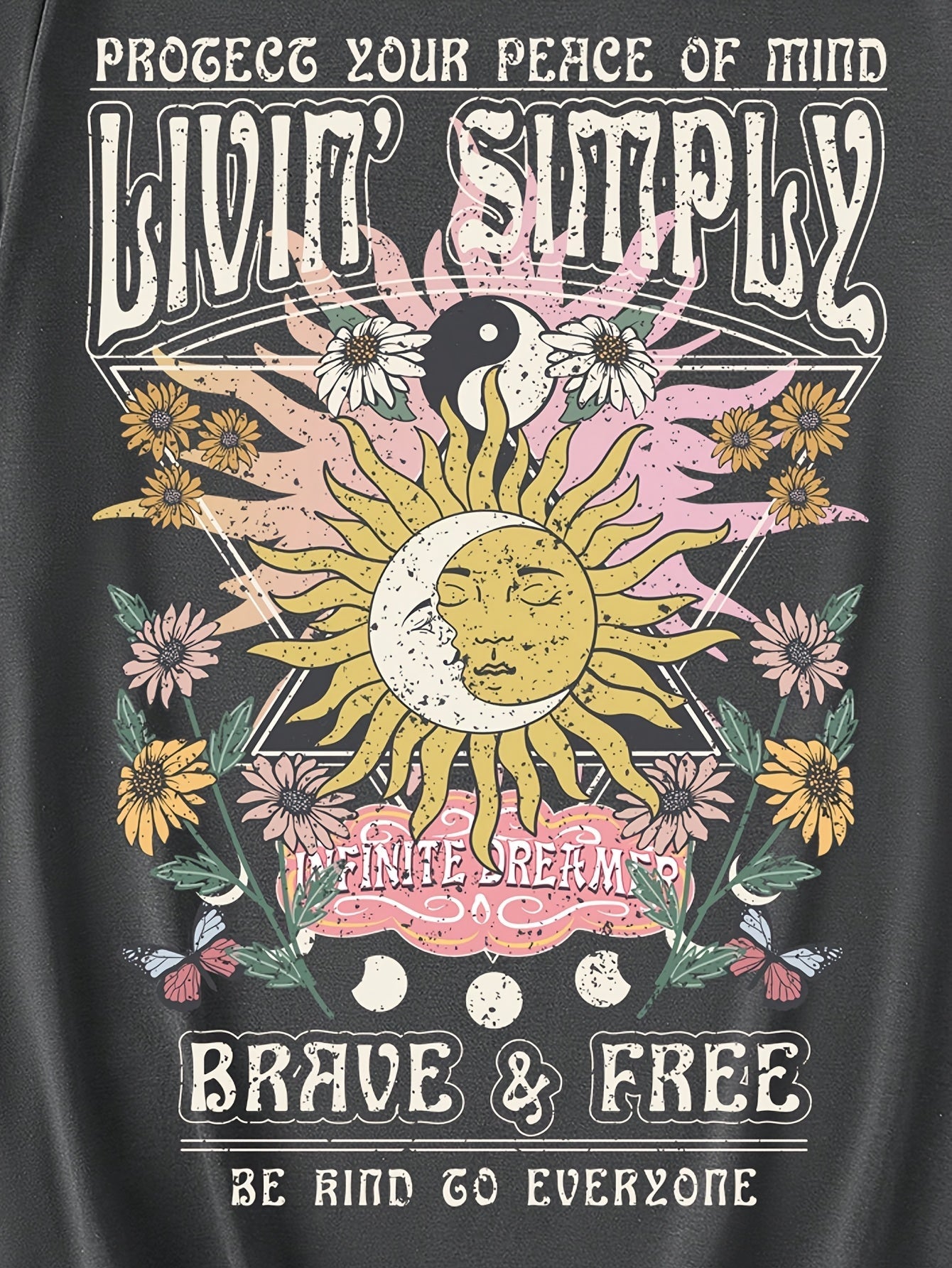 T-shirt femme style bohème graphique « Live Simply » imprimé soleil et lune, manche courte, casual