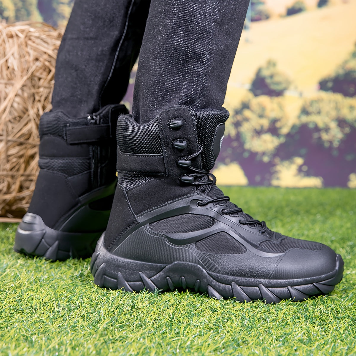 Bottes tactiques montantes noires à lacets et semelle crantée pour homme