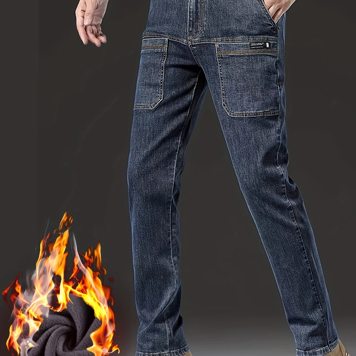 Jean Cargo Homme Hiver Doublé Polaire Coupe Droite Poches Multiples Couleur Unie