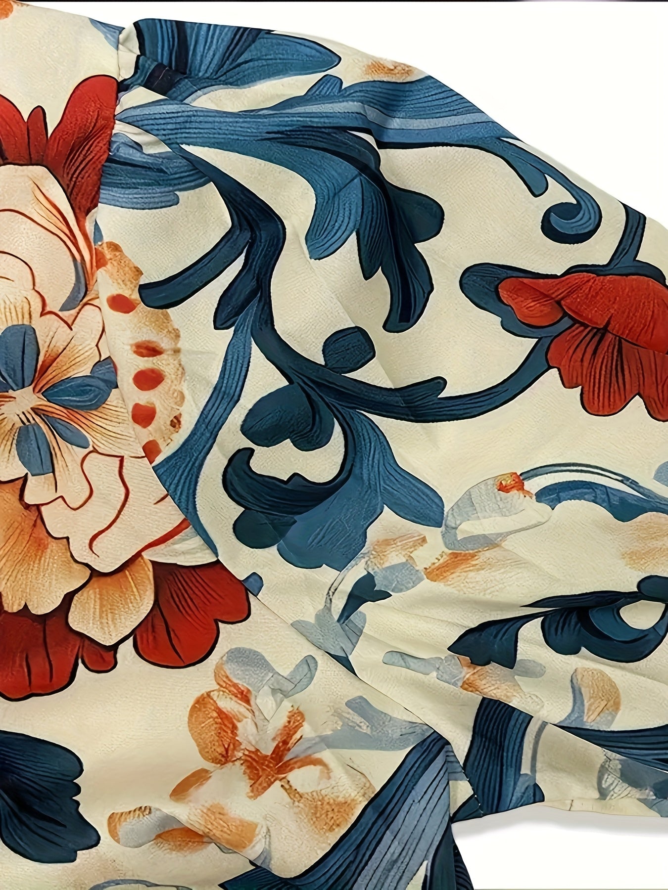Blouse Femme Imprimé Floral Baroque à Col Rayé et Manches Longues Poignets Rayés