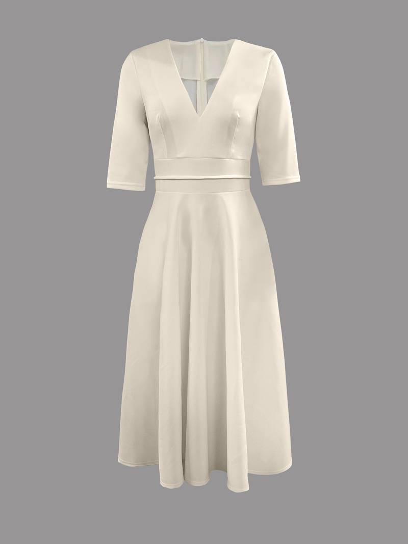 Abito midi elegante donna con scollo a V e maniche tre quarti – Ideale per eventi e ricevimenti