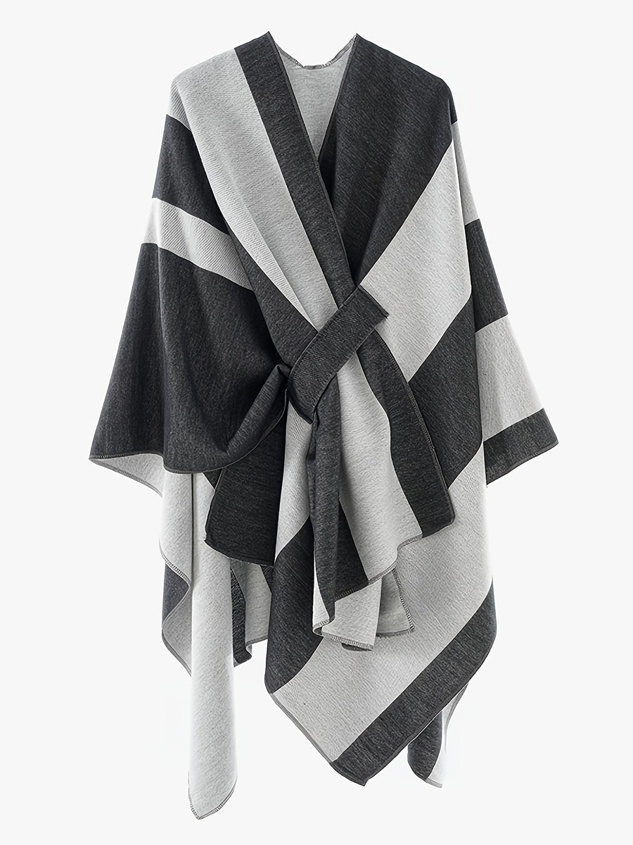 Poncho Cape Femme Rayé Bicolore avec Nœud Décoratif Doux