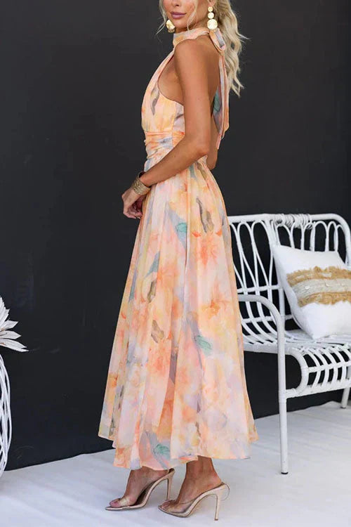 Robe longue d'été femme – style maxi élégant à imprimé artistique, col halter, idéale pour occasions spéciales