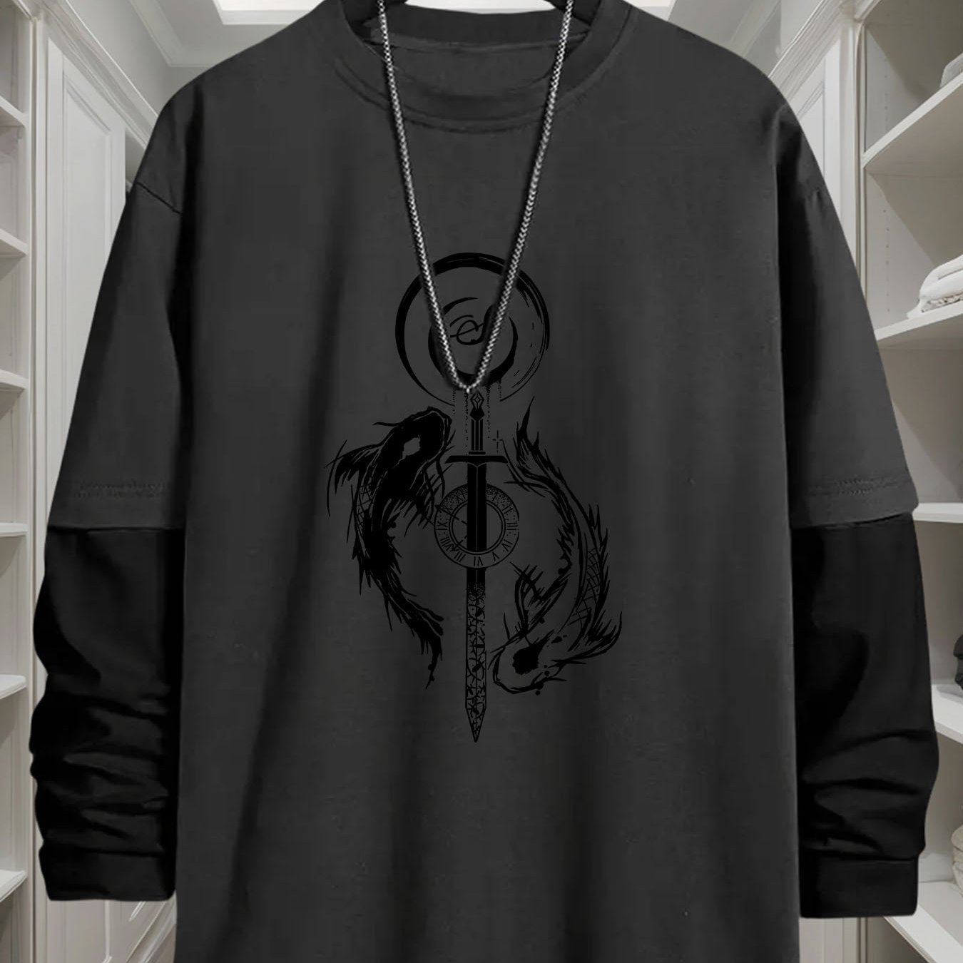 T-shirt Homme Manches Longues Bicolore Imprimé Dragon Épée