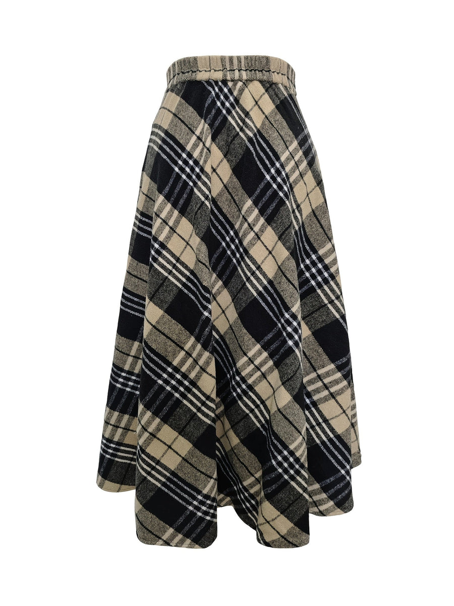 Jupe longue évasée à carreaux style écossais noir et blanc pour femme