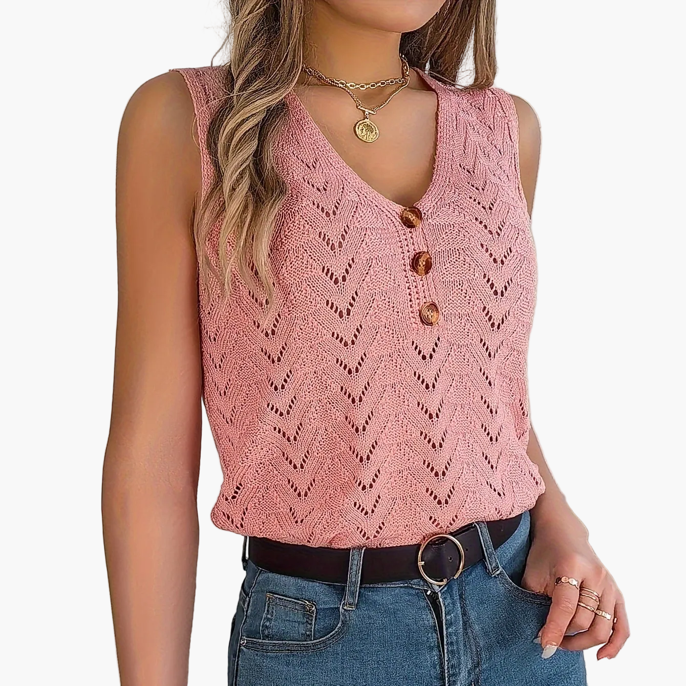 Schickes Damen-Top mit V-Ausschnitt im Urlaubsstil, ärmellos, mit dekorativen Knöpfen, ideal für Frühling/Sommer