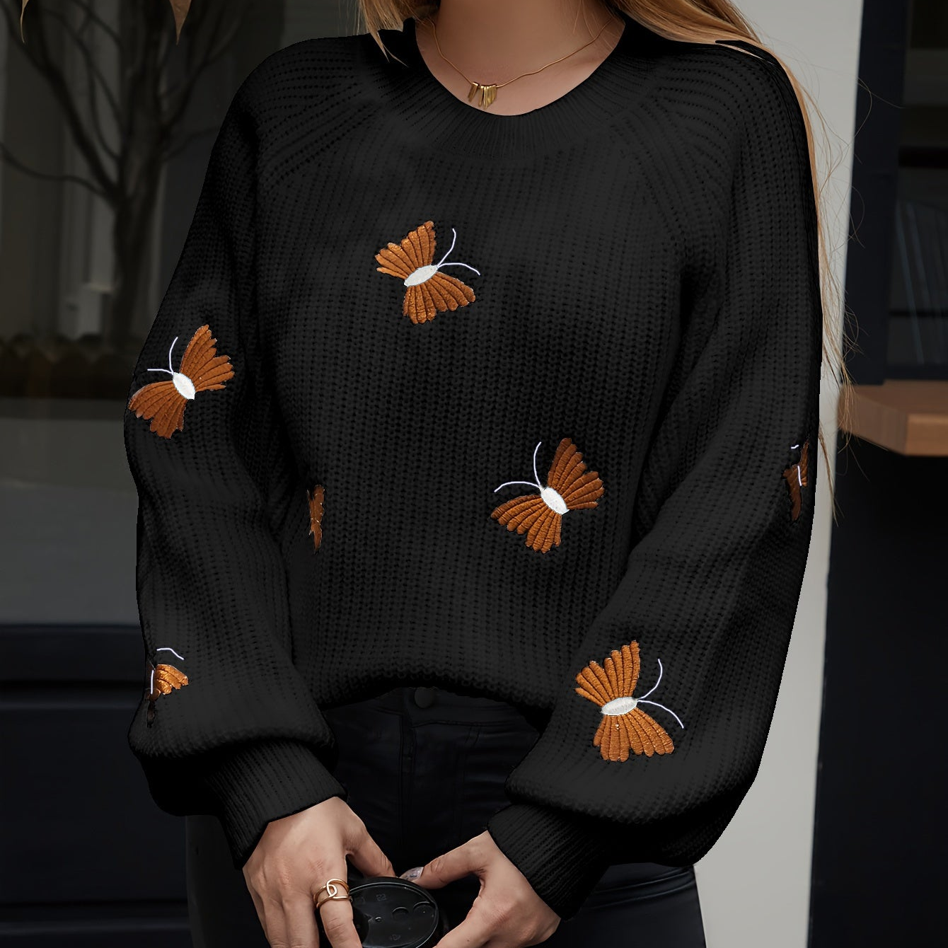 Pull femme tricoté papillons brodés manches longues - Blanc ou Noir
