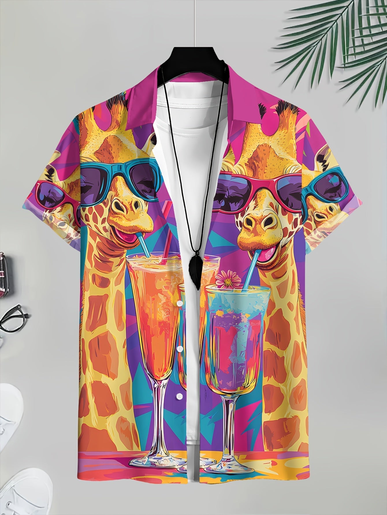 Lässiges hawaiianisches Herren-Hemd mit Giraffen- und Cocktail-Motiv – sommerlich und originell