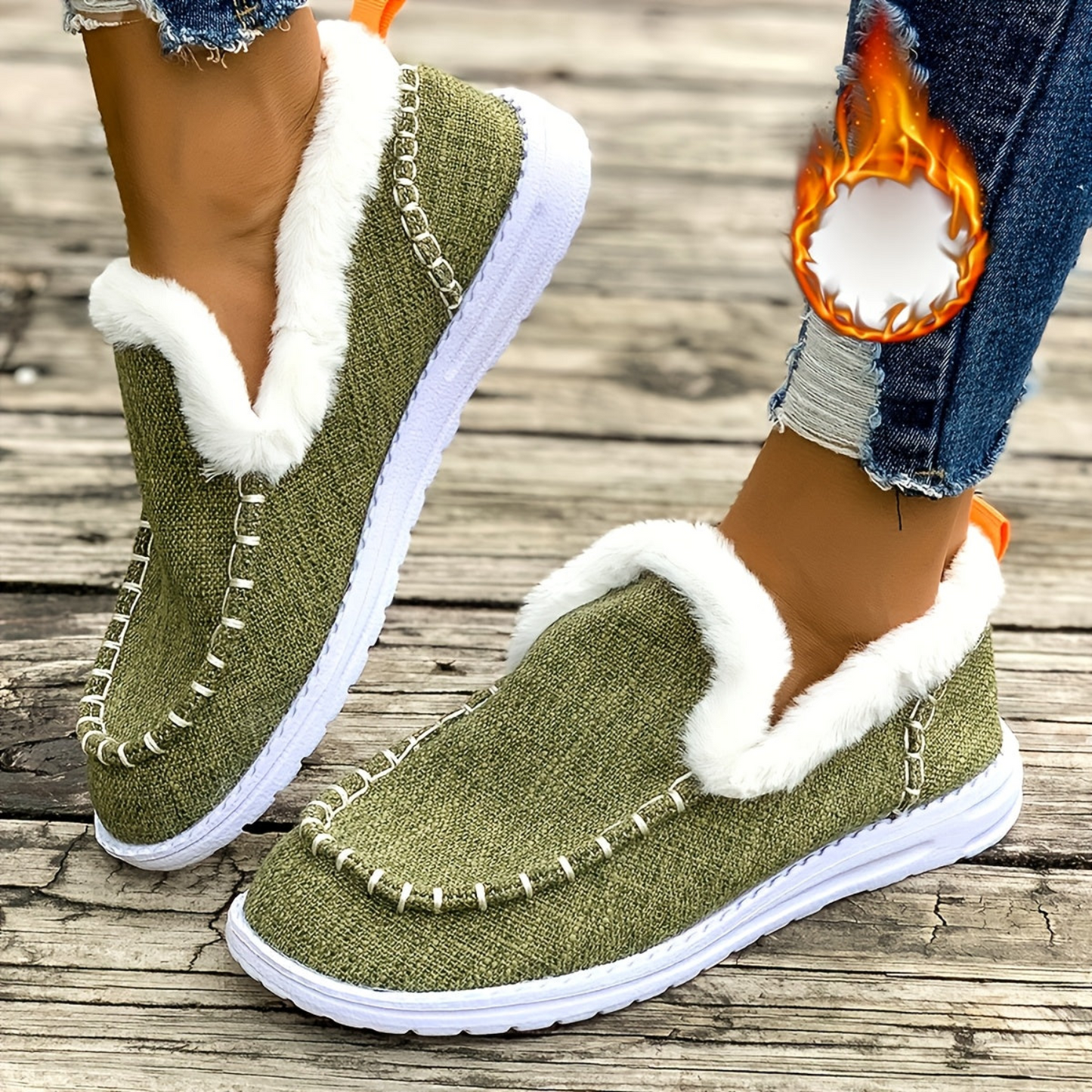 Chaussures Loafers Femme Fourrées Vert Olive Chaudes Confortables