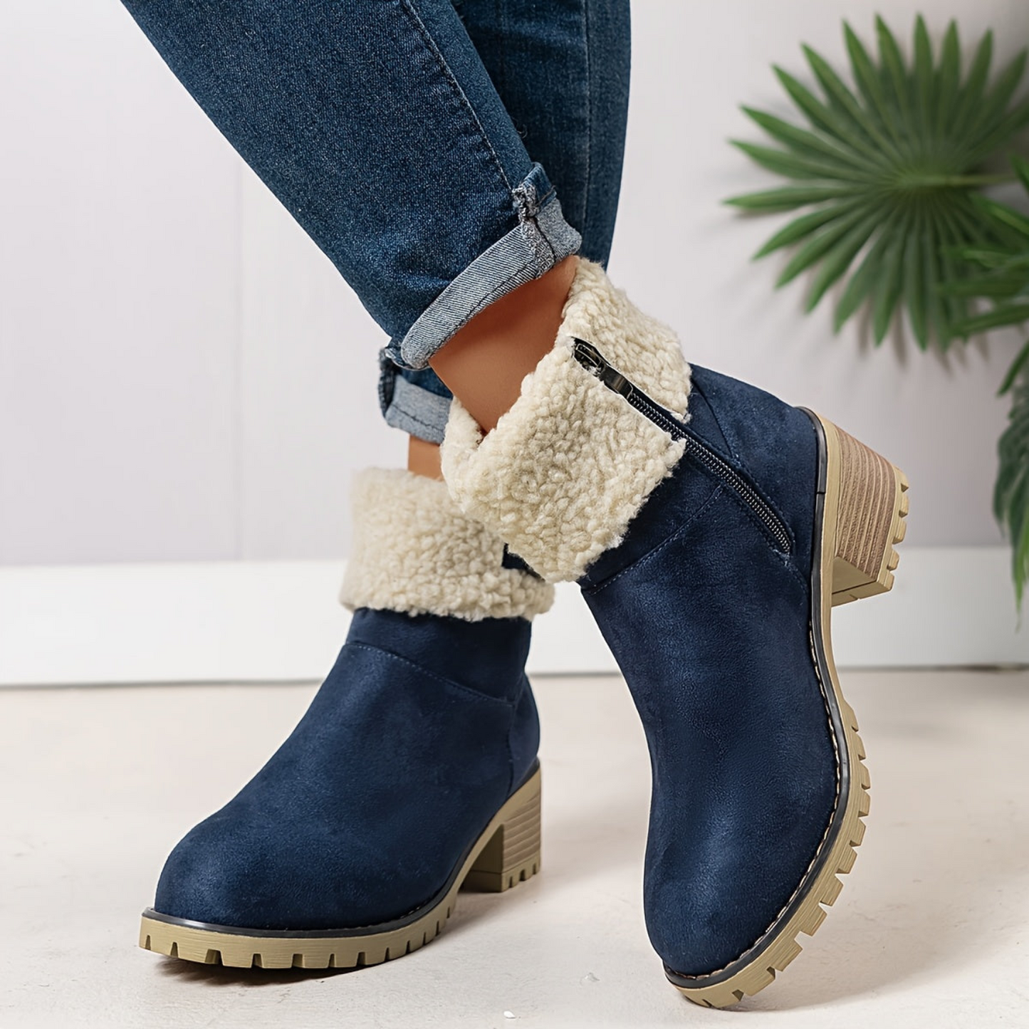 Bottines femme doublées imitation fourrure avec boucle décorative et semelle crantée à talon bloc