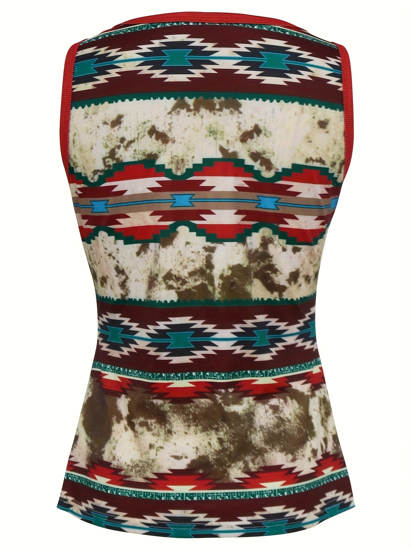 Dame top i boheme-stil med geometrisk mønster, V-hals, dekorative knapper, afslappet sommermode