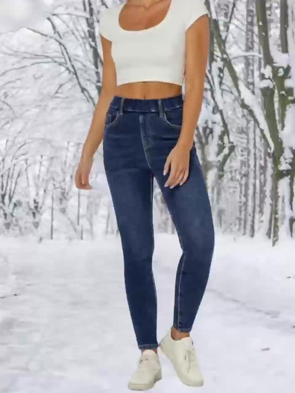 Jean slim femme bleu doublé thermique doux pour l'hiver