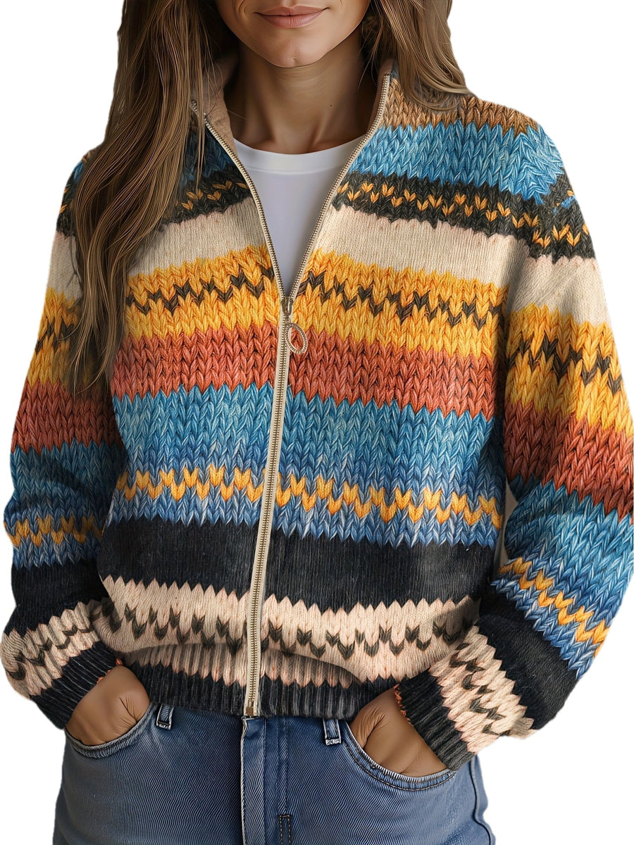 Gestrickte Damenjacke mit Reißverschluss, mehrfarbigem Streifenmuster und Stehkragen