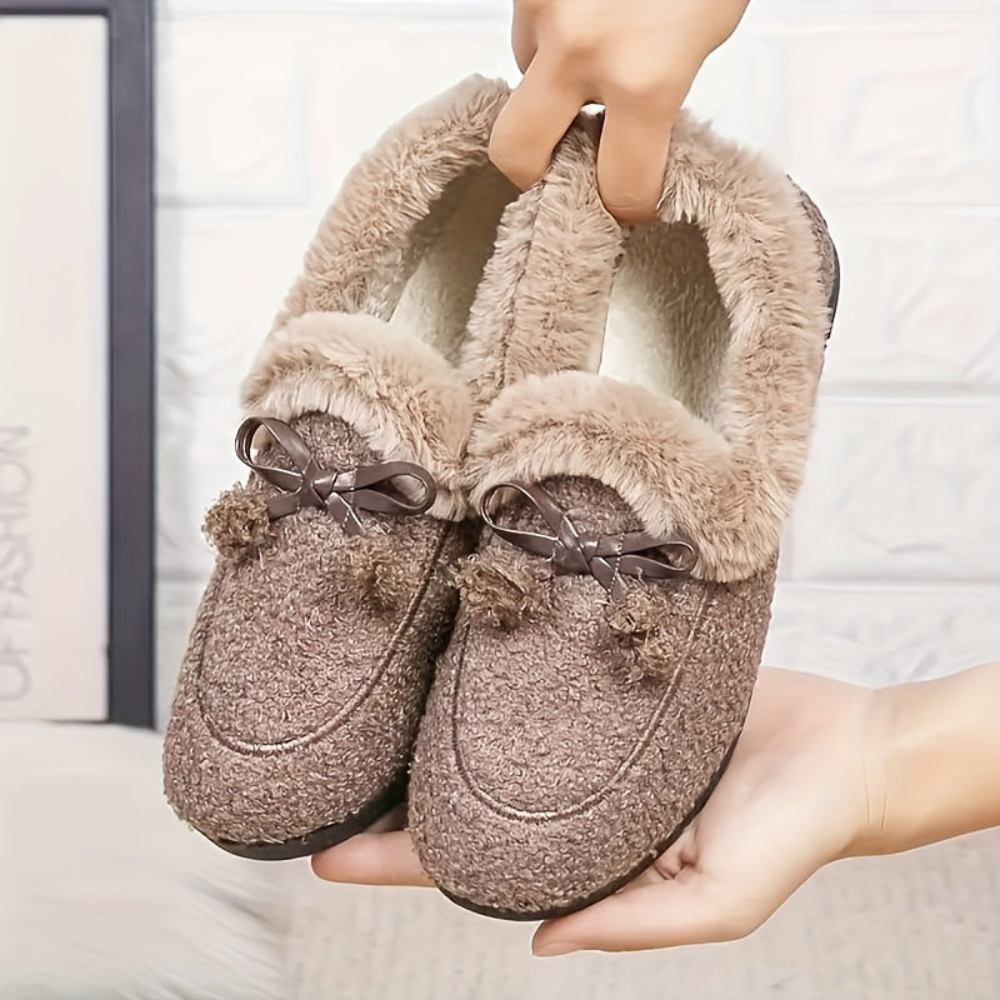 Mocassins Femme Doux et Chauds Noirs avec Nœuds Décoratifs