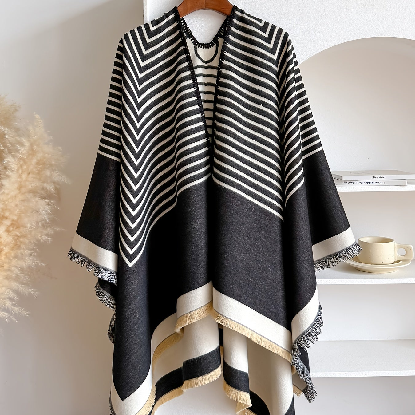 Women's Striped Fringe Trim Open Front Wrap Poncho Cape