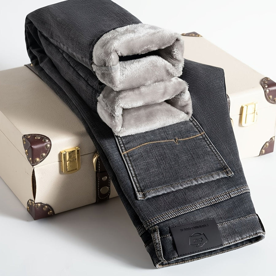 Herrejeans med fleecefor, lige snit, afslappet stil, blå eller grå