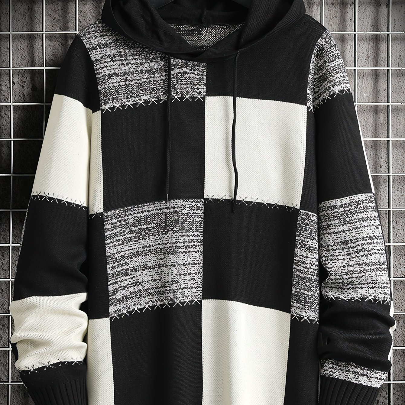 Sweat à Capuche Homme Motif Carreaux Bicolore Maille Décontracté