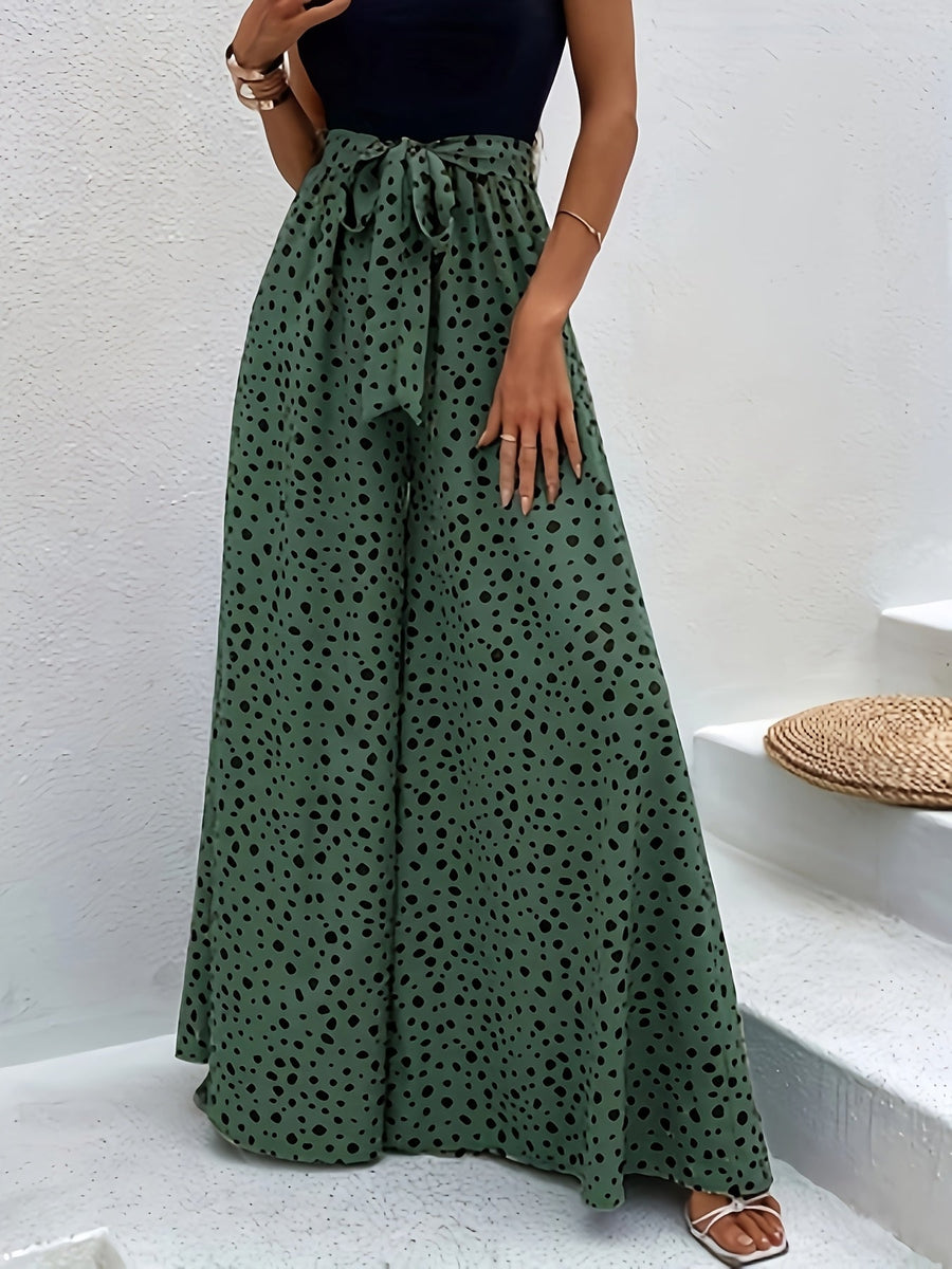 Pantaloni larghi a pois da donna stile elegante per primavera/estate con cintura annodata