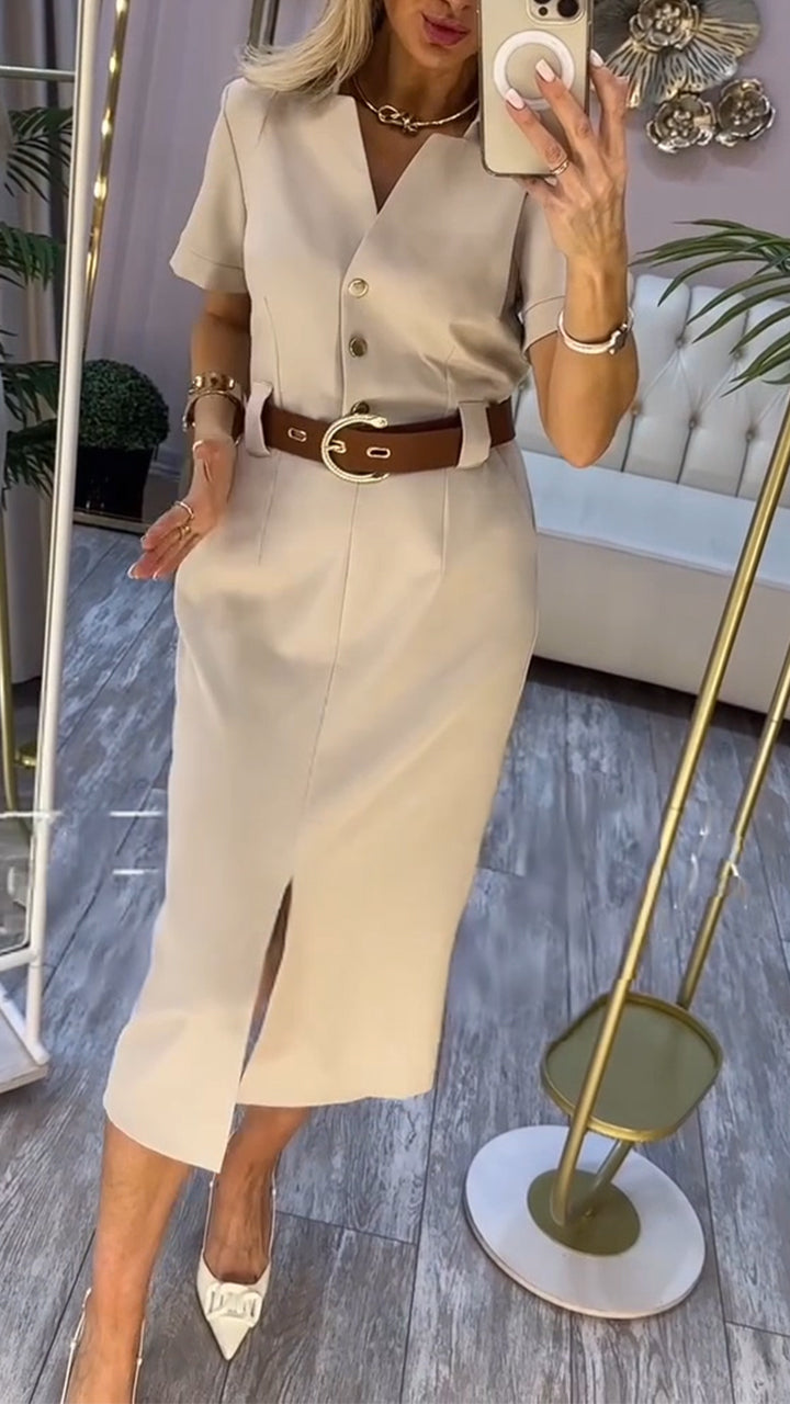 Beige, belted midikjole for kvinner med V-hals og korte ermer