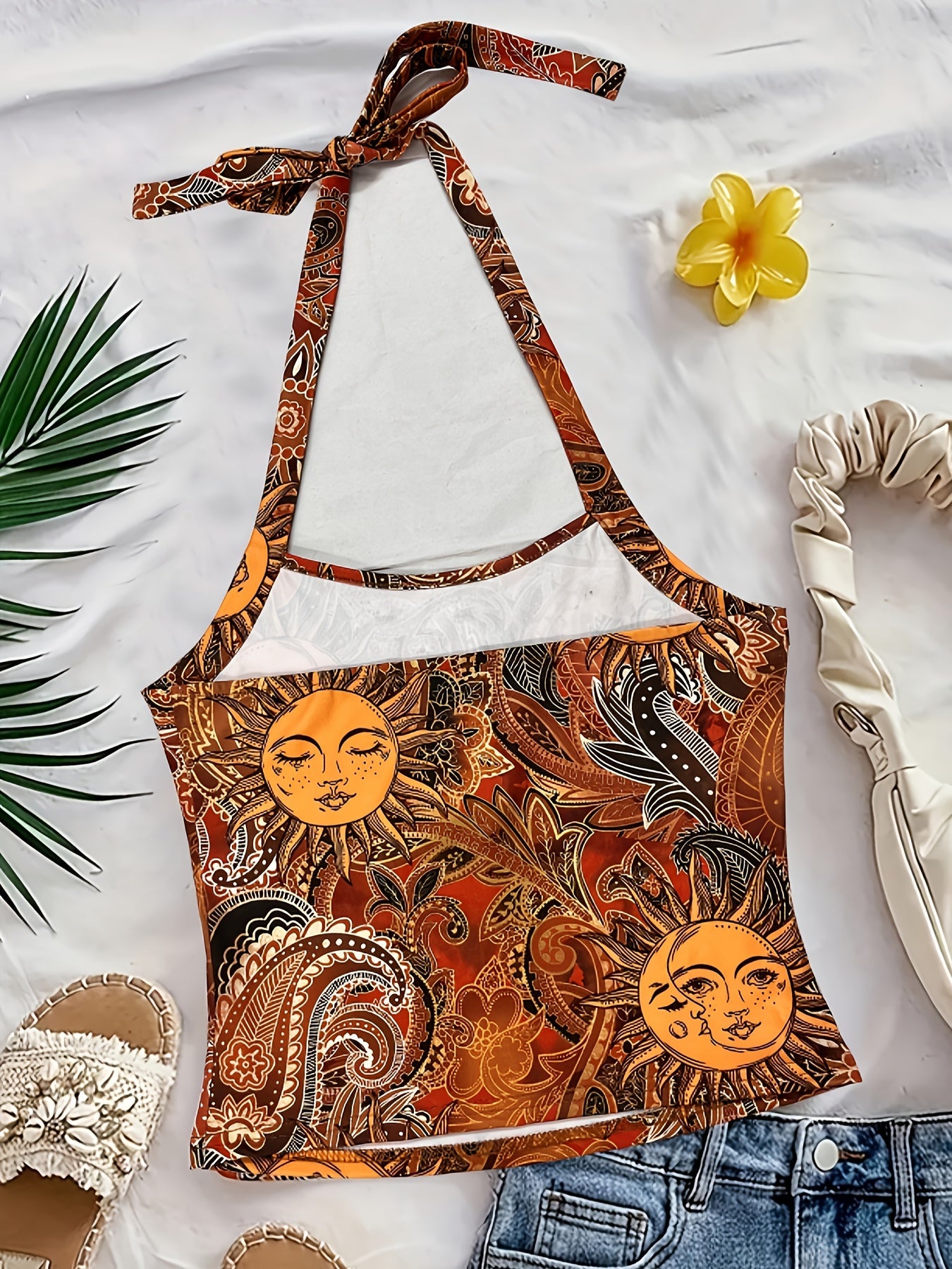 Damen-Top mit Rückenausschnitt im Vintage-Boho-Stil mit Sonne- und Mond-Motiv für den Sommer