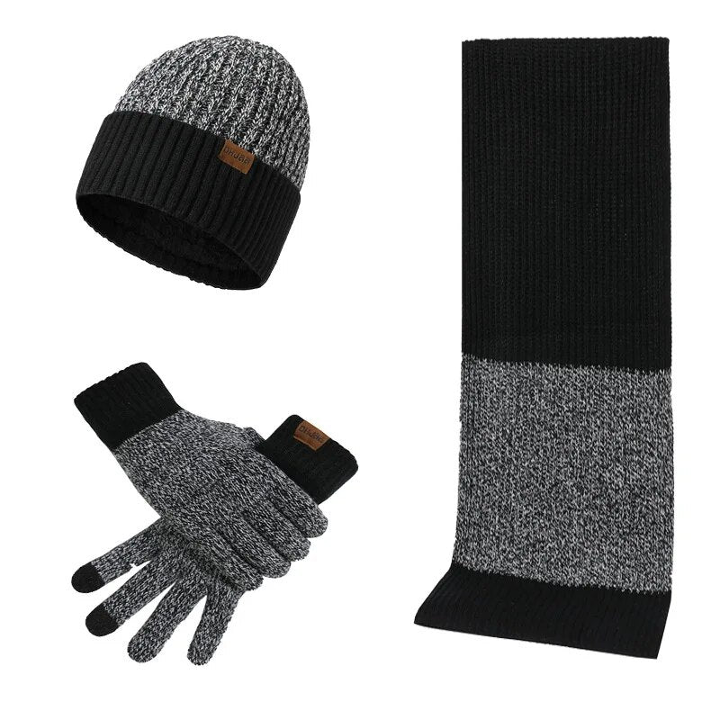 Men's winter beanie and scarf set, two-tone burgundy ribbed knit