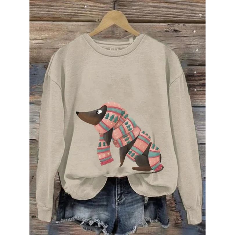 Damen-Sweatshirt mit Rundhalsausschnitt und fantasievollem Hundeaufdruck
