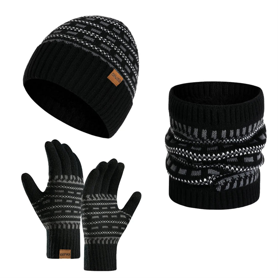 Gestricktes Winterset aus Mütze, Schal, Schlauchschal und Handschuhen mit grauem Muster