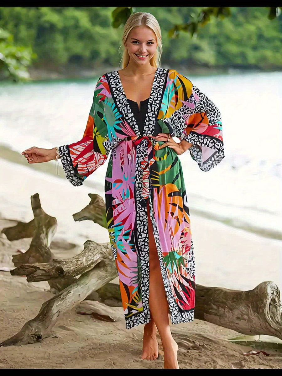 Kimono largo de playa para mujer estilo tropical gráfico y animal print - Ideal para vacaciones y la costa
