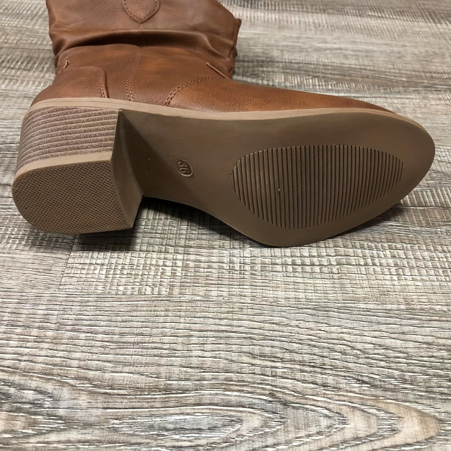 Light brown slouchy distressed-effect boots with block heel