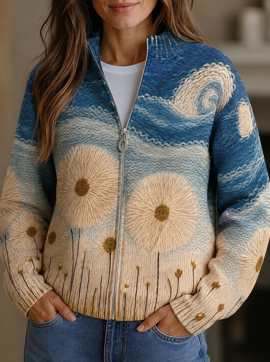 Women's Zip Jacket with Stand-Up Collar, Floral Pattern, and Textured Blue and Beige Sky