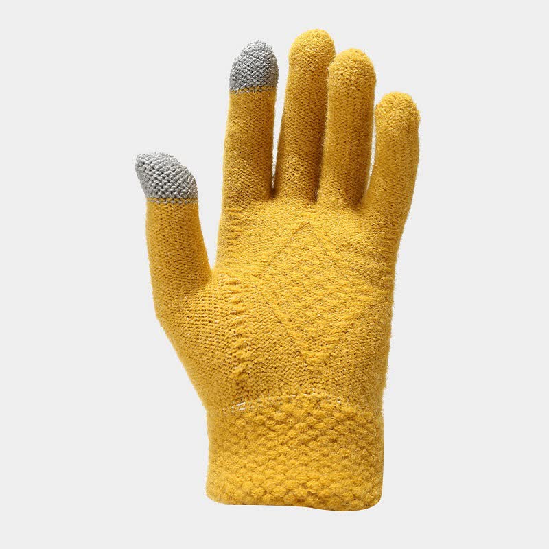 Set met wintermuts, sjaal en touchscreenhandschoenen - ruitmotief, geel