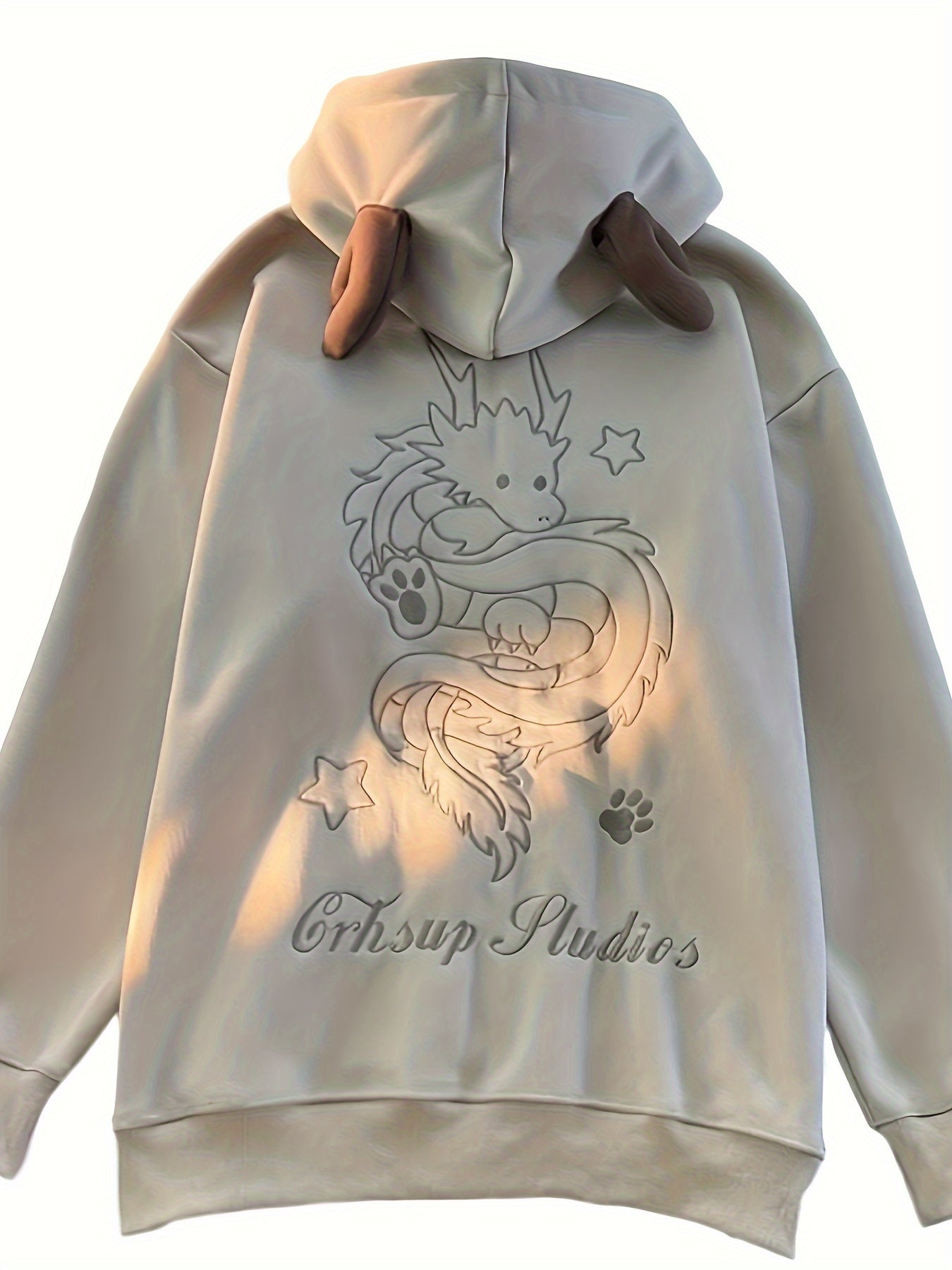 Sweat à Capuche Zippé Unisexe Crème avec Cornes et Motif Dragon Brodé