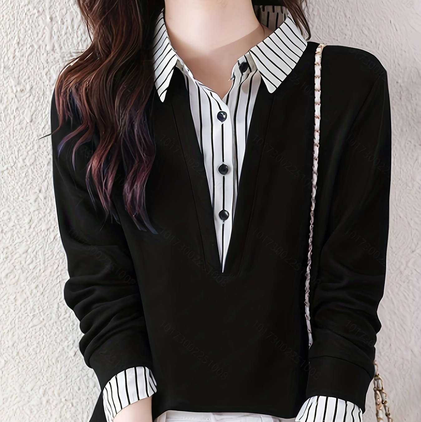 T-shirt Femme Col Chemise Rayé Manches Longues Faux Deux Pièces