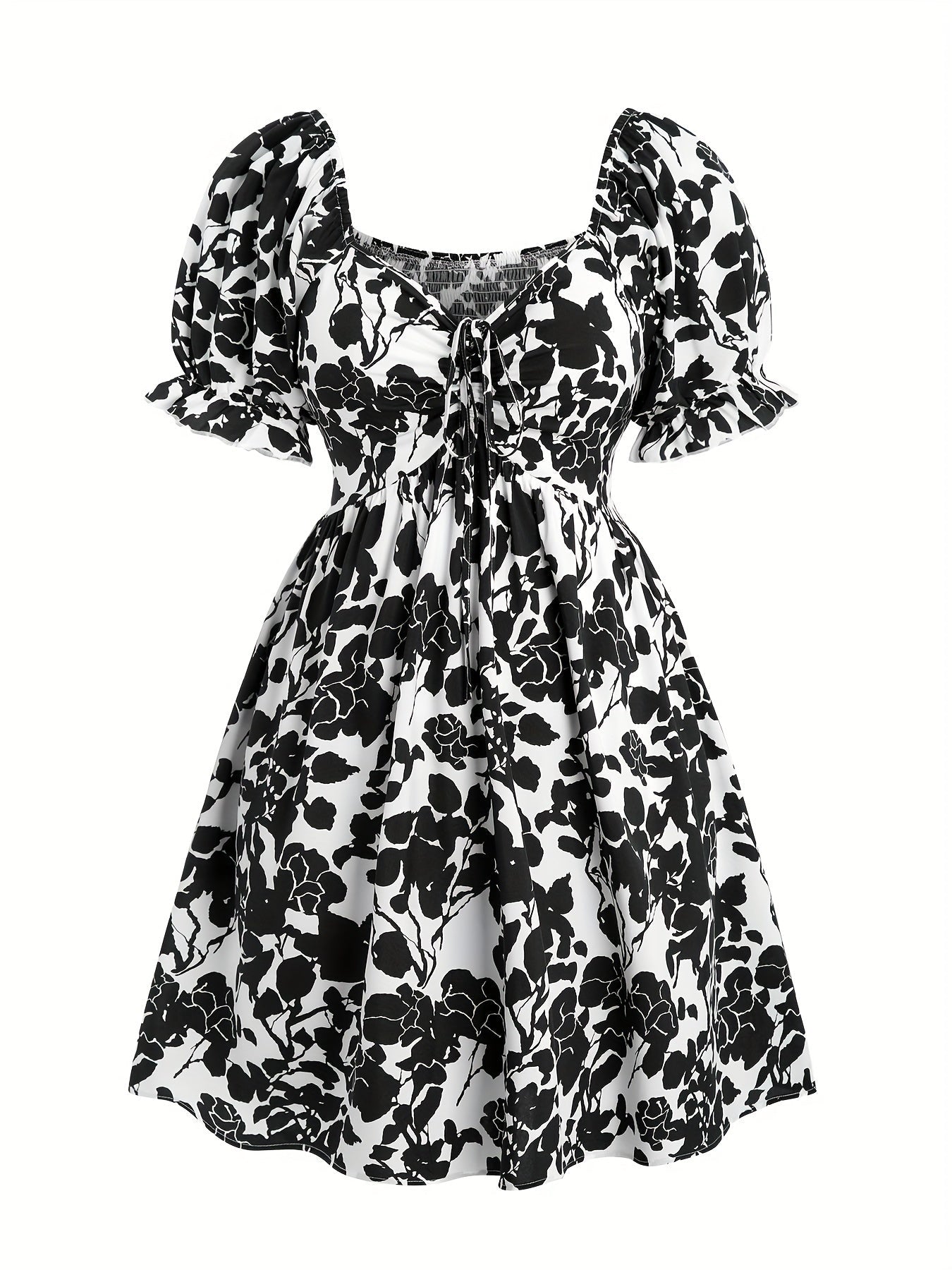 Robe d'été élégante à manches bouffantes pour femme, style floral ample, col en V, idéale pour les vacances