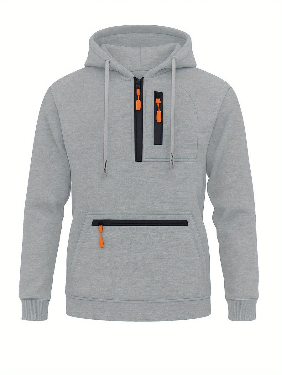 Sweat à Capuche Homme Mi-Zip avec Poches Zippées Devant Kaki