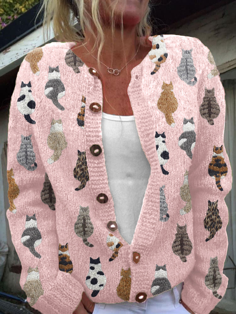 Beige strikket cardigan til kvinner med kattemønster og treknapper
