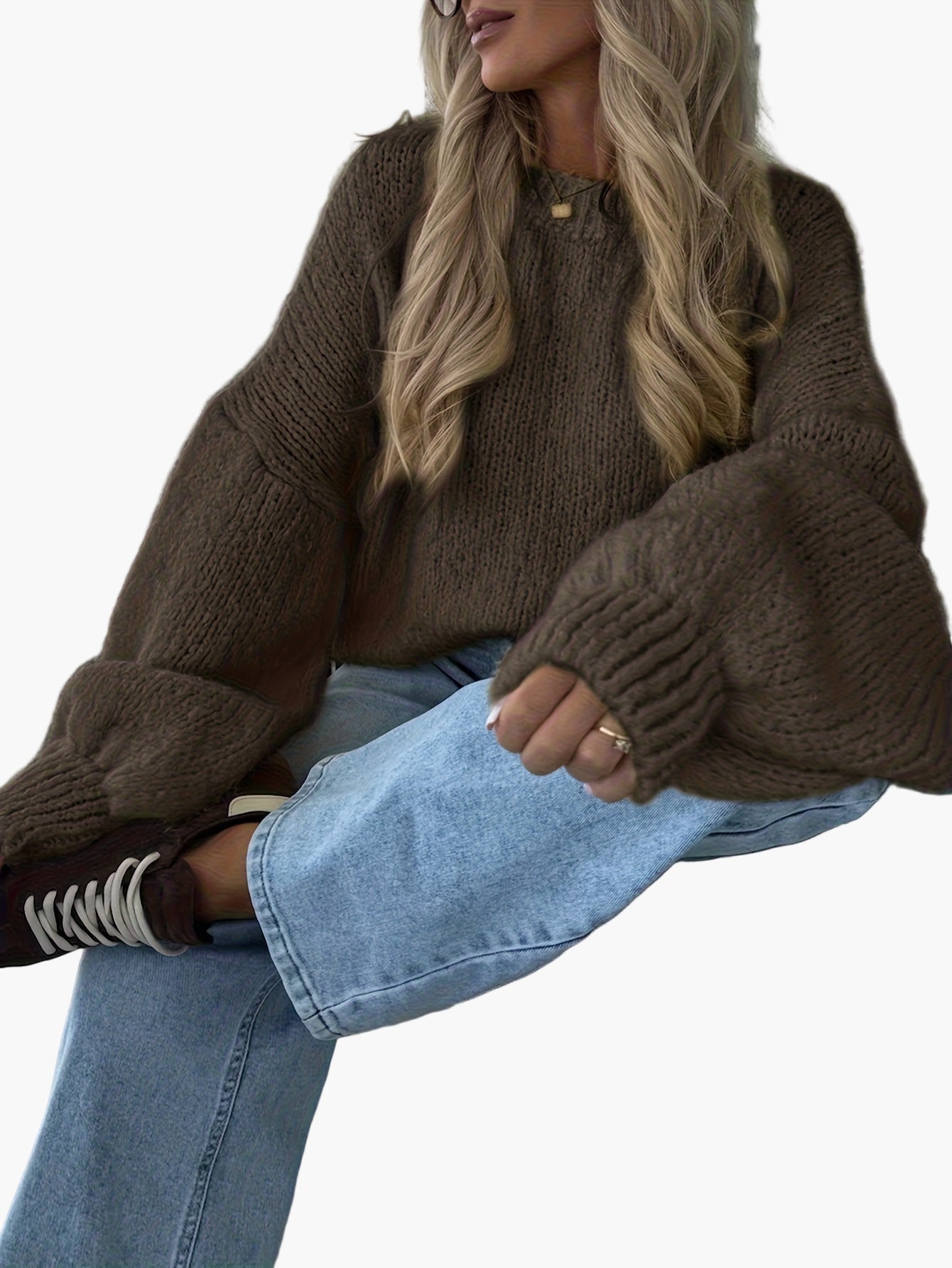 Jersey casual mujer mangas abullonadas estilo urbano otoño invierno