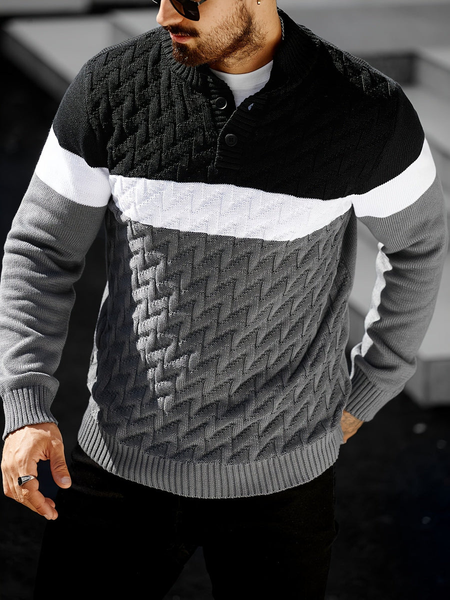 Pull homme tricoté à col montant boutonné rayé