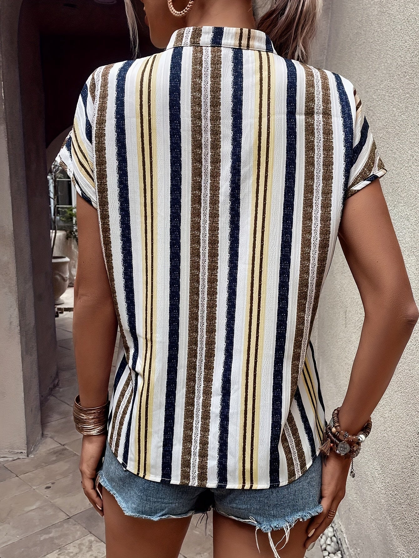 Casual striped blouse for women, V-neck, short sleeves, elegant summer style