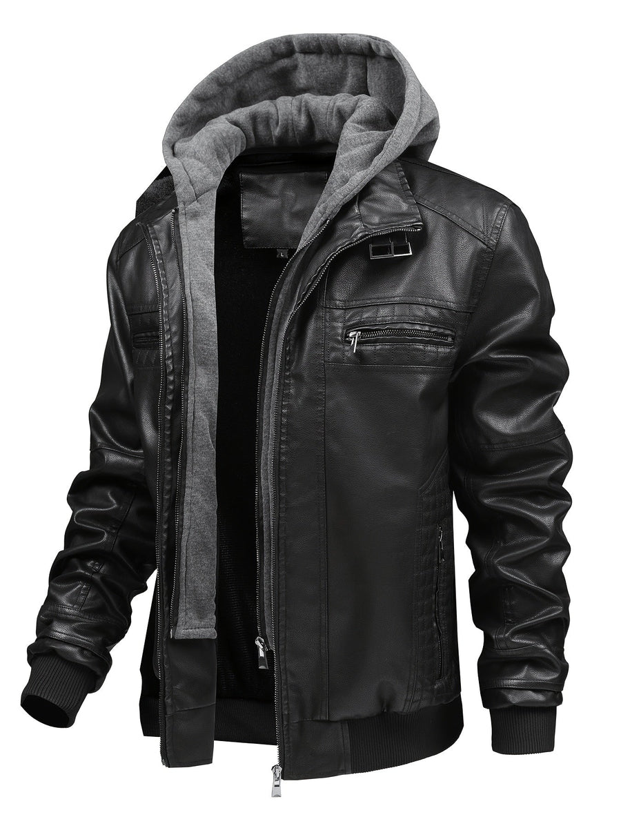 Brown men's bomber jacket with a removable hood and warm lining