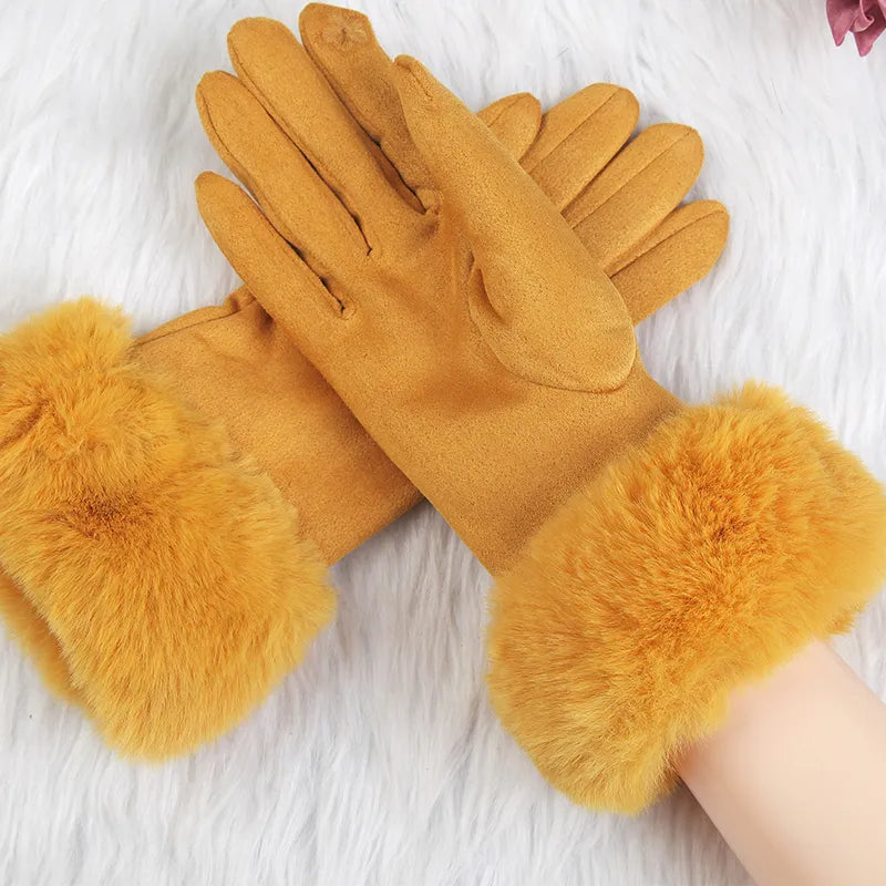 Gants Femme Hiver Aspect Suédé avec Bordure Fausse Fourrure Rose Poudré