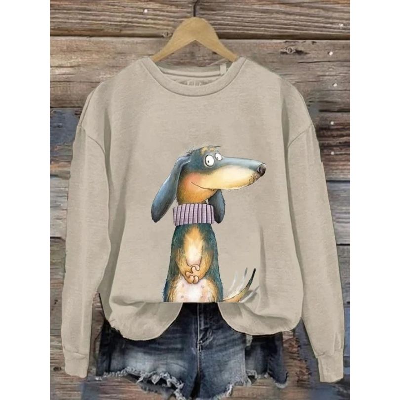Damen-Sweatshirt mit Rundhalsausschnitt und fantasievollem Hundeaufdruck