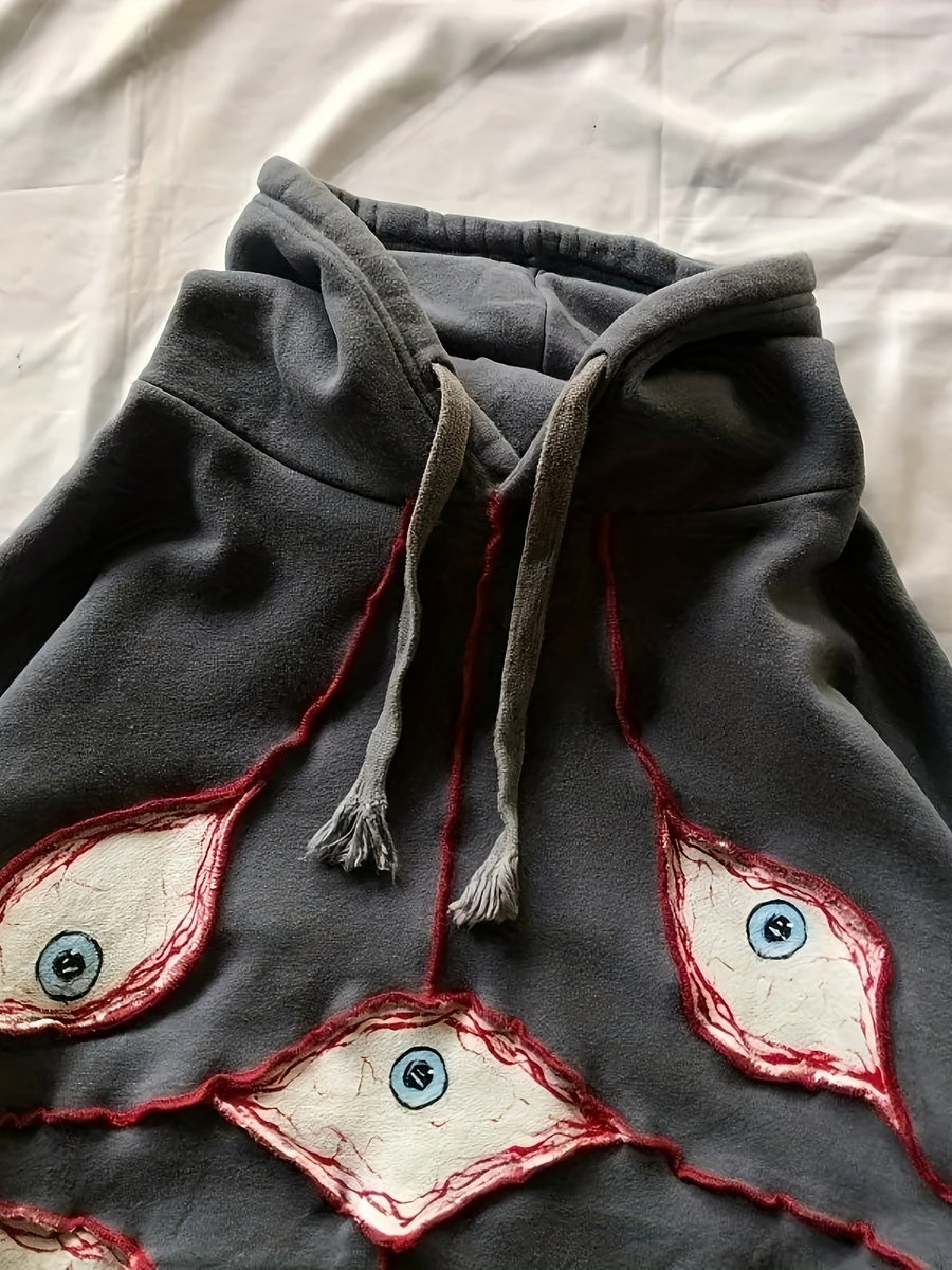Oversized Anthracite Gray Hoodie with Stylized Eye Patterns