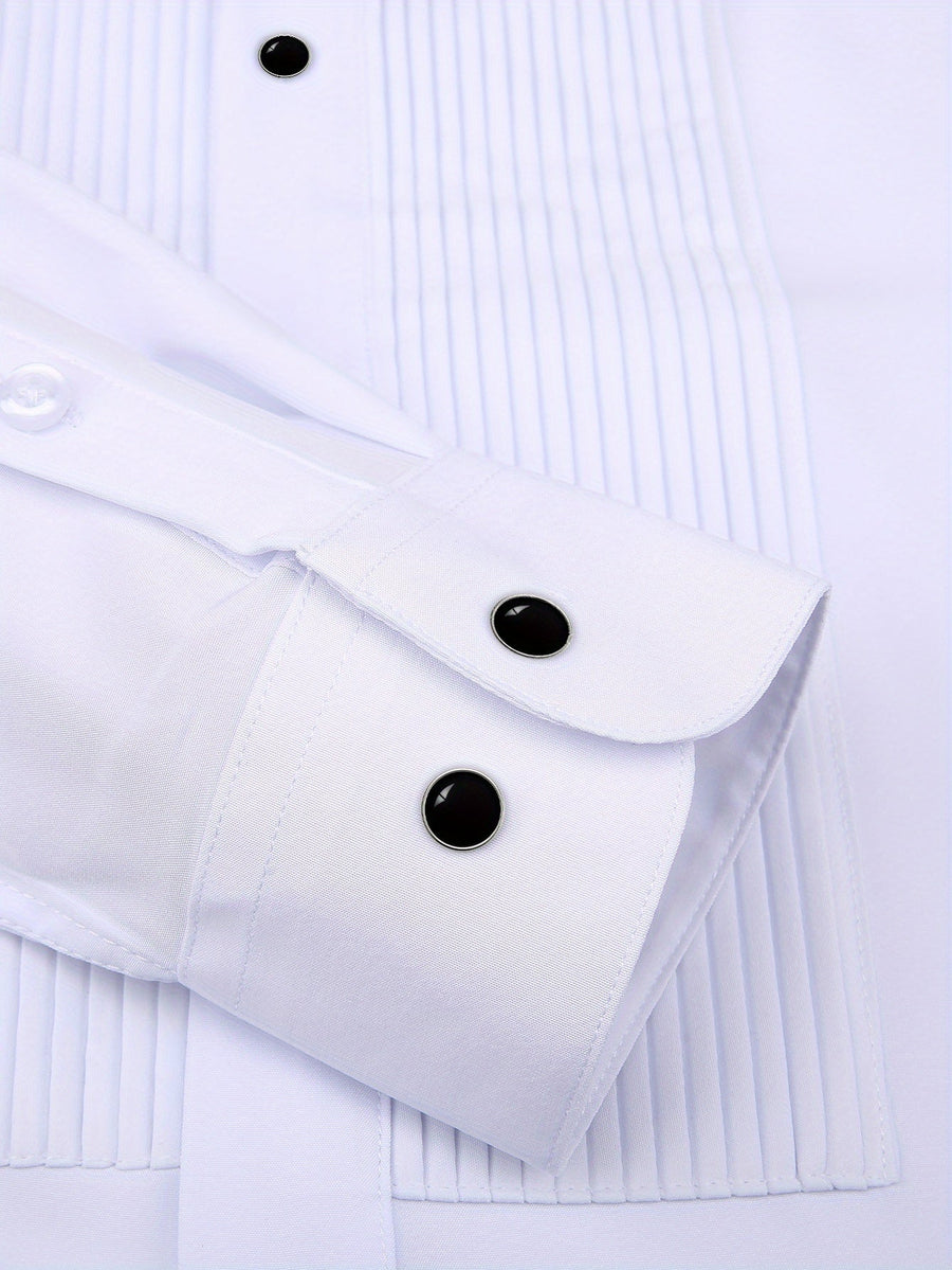 White men’s dress shirt with a pleated bib and black buttons