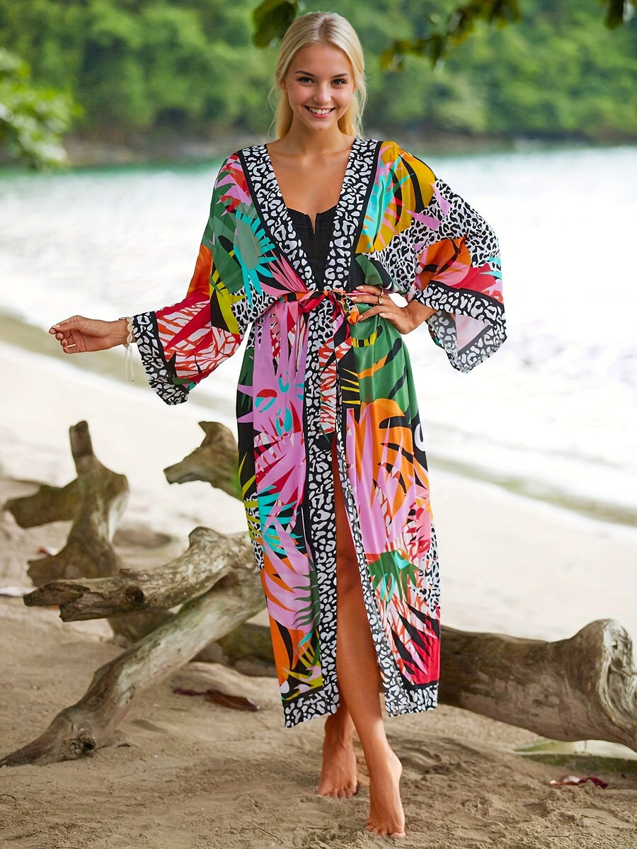 Kimono largo de playa para mujer estilo tropical gráfico y animal print - Ideal para vacaciones y la costa