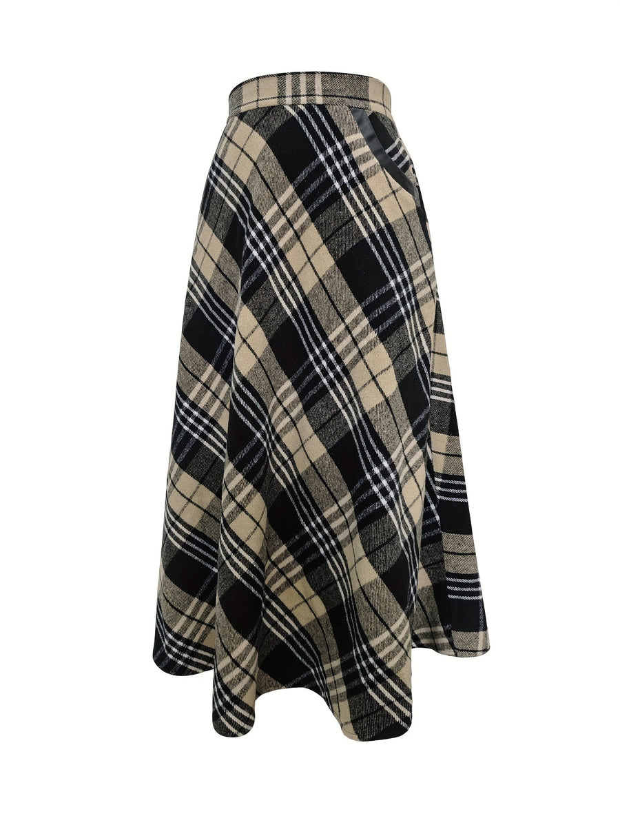 Jupe longue évasée à carreaux style écossais noir et blanc pour femme